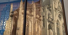 Heinz Chapel reflected in the glass of Bellefield Tower